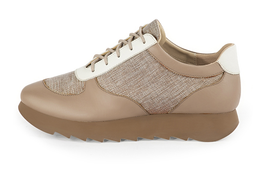 Tan beige and off white women's three-tone elegant sneakers. Round toe. Low rubber soles. Profile view - Florence KOOIJMAN